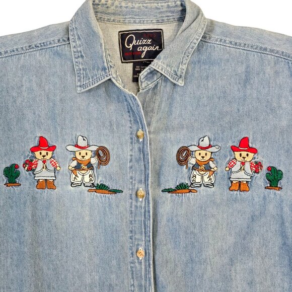Vintage Quizz Again Denim Cowboy Squirrel bear Embroidered Short Sleeve Shirt S - Picture 1 of 5
